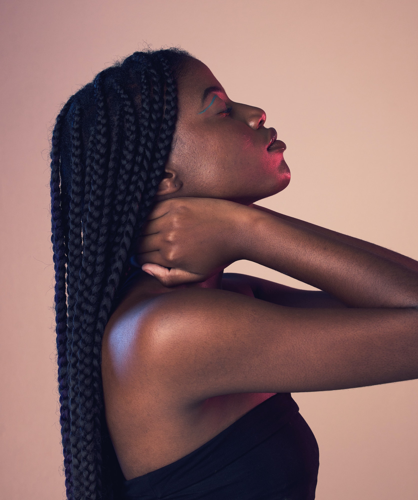 Black woman profile, face and braids with eyes closed, makeup and beauty isolated on studio backgro